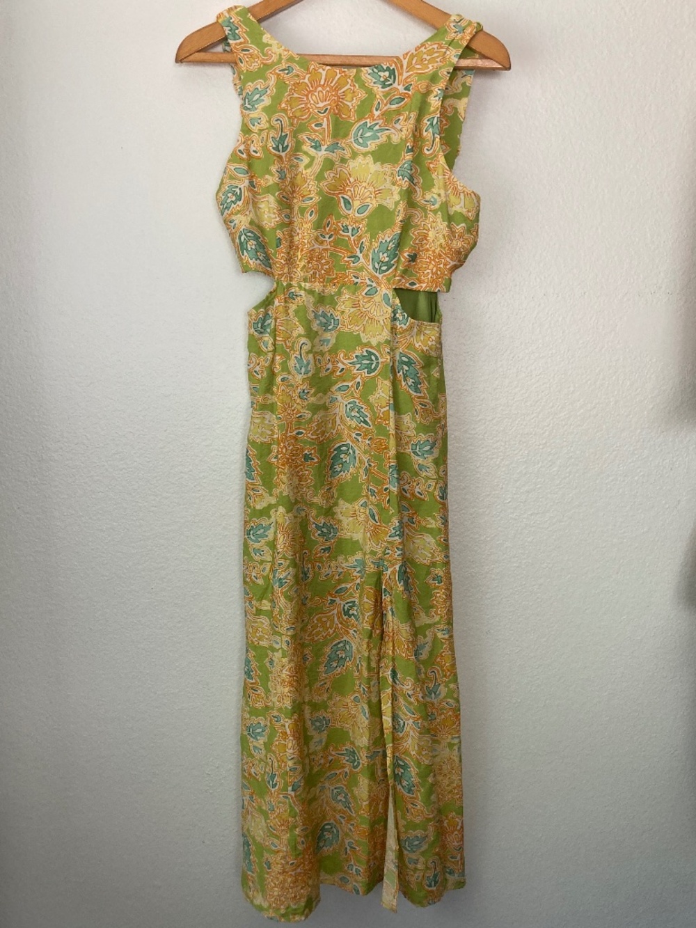 En Creme Boho Floral Retro Maxi Dress Cutout Sz Small Lime Green Mod